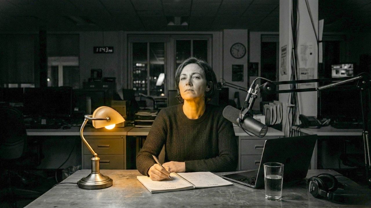 Fotografía editorial en blanco y negro de una periodista sentada en una redacción sombría y solitaria. La mujer tiene una expresión decidida y la mirada firme, con el rostro parcialmente iluminado por la luz cálida de una lámpara de escritorio. Frente a e