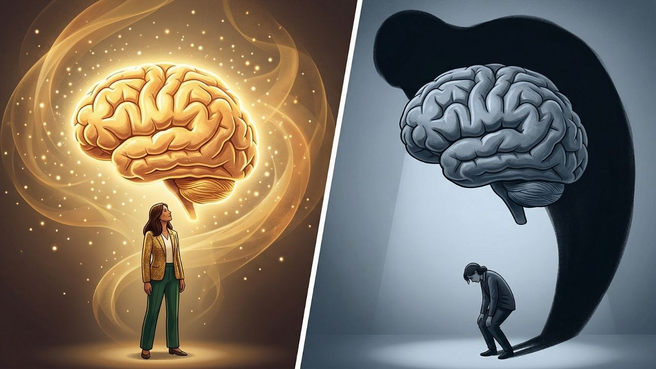 Una imagen dividida en dos paneles que muestra el contraste emocional de una mujer. A la izquierda, ella está erguida bajo un cerebro gigante dorado y radiante que simboliza claridad y éxito. A la derecha, la misma mujer aparece encorvada y derrotada bajo