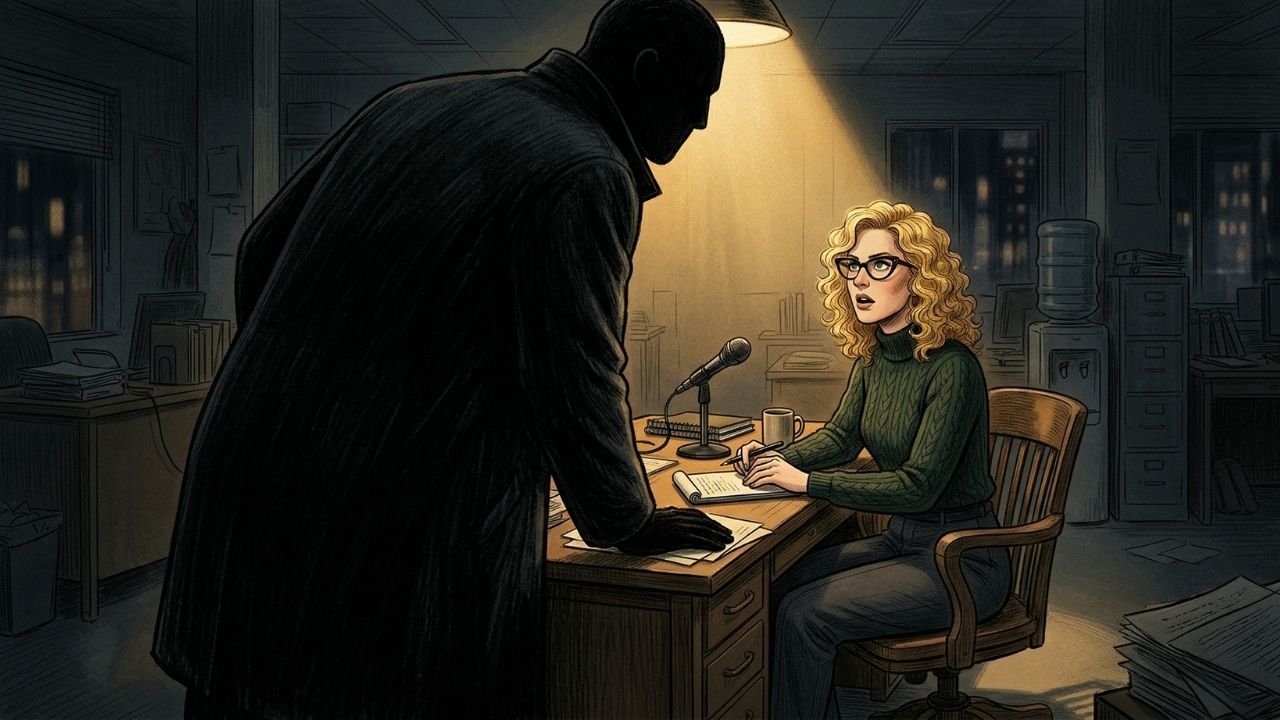 Una mujer rubia con gafas y un suéter verde sentada en un escritorio bajo una luz intensa. Frente a ella, una figura masculina grande y oscurecida se inclina sobre la mesa de forma amenazante. Hay un micrófono en el escritorio, lo que sugiere una entrevis
