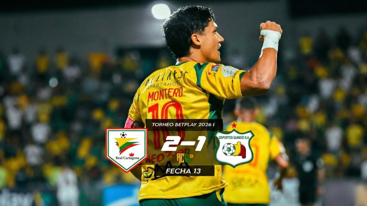 magen en formato horizontal (16:9) que muestra un montaje fotográfico de un partido de fútbol del Torneo BetPlay 2026-I, correspondiente a la Fecha 13. En el centro, destaca un jugador del Real Cartagena visto de espaldas, con el número 10 y el apellido "