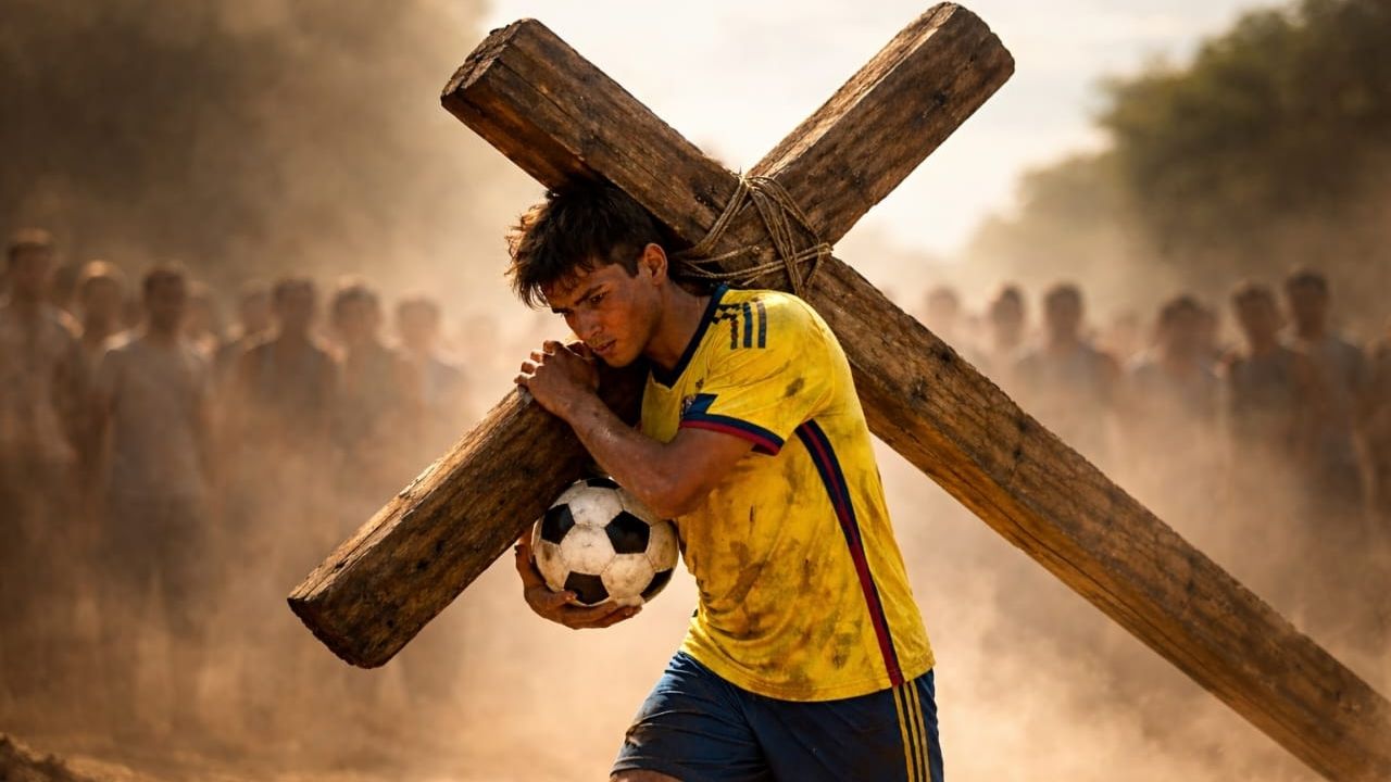 Una imagen generada por IA que muestra a un joven futbolista con el uniforme de la selección de Colombia (camiseta amarilla número 10) cargando una pesada cruz de madera sobre sus hombros mientras sostiene un balón de fútbol. El joven camina por un terren