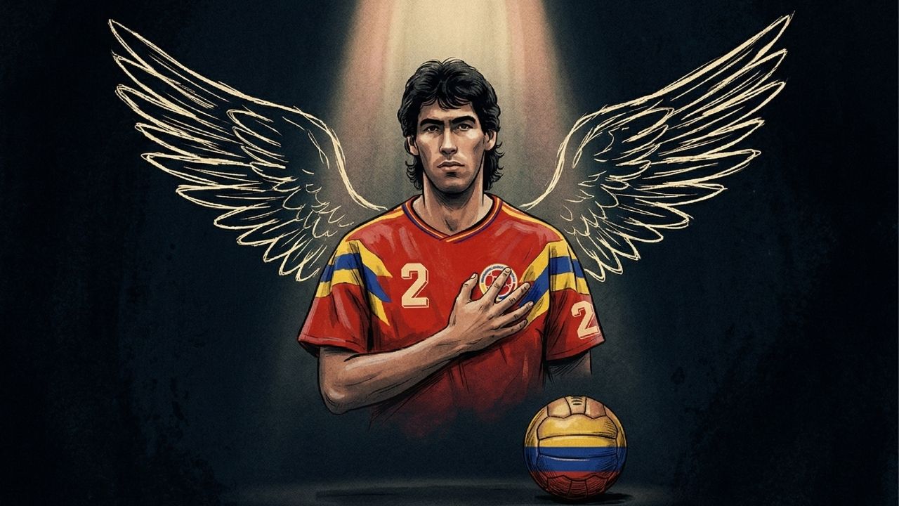 Ilustración conmemorativa de un futbolista con rasgos similares a Andrés Escobar, vistiendo la camiseta roja de la Selección Colombia con el número 2. El jugador tiene la mano derecha sobre el escudo en el pecho y grandes alas de ángel desplegadas a su es