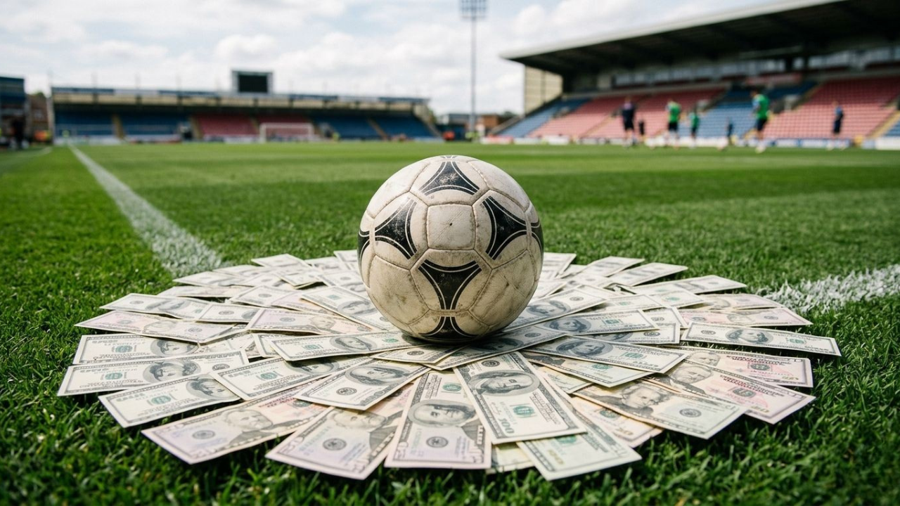 n balón de fútbol clásico colocado sobre un círculo de billetes de dólares estadounidenses en el centro de un campo de juego verde. Al fondo se observa un estadio de fútbol bajo un cielo parcialmente nublado. La imagen representa el concepto de la economí
