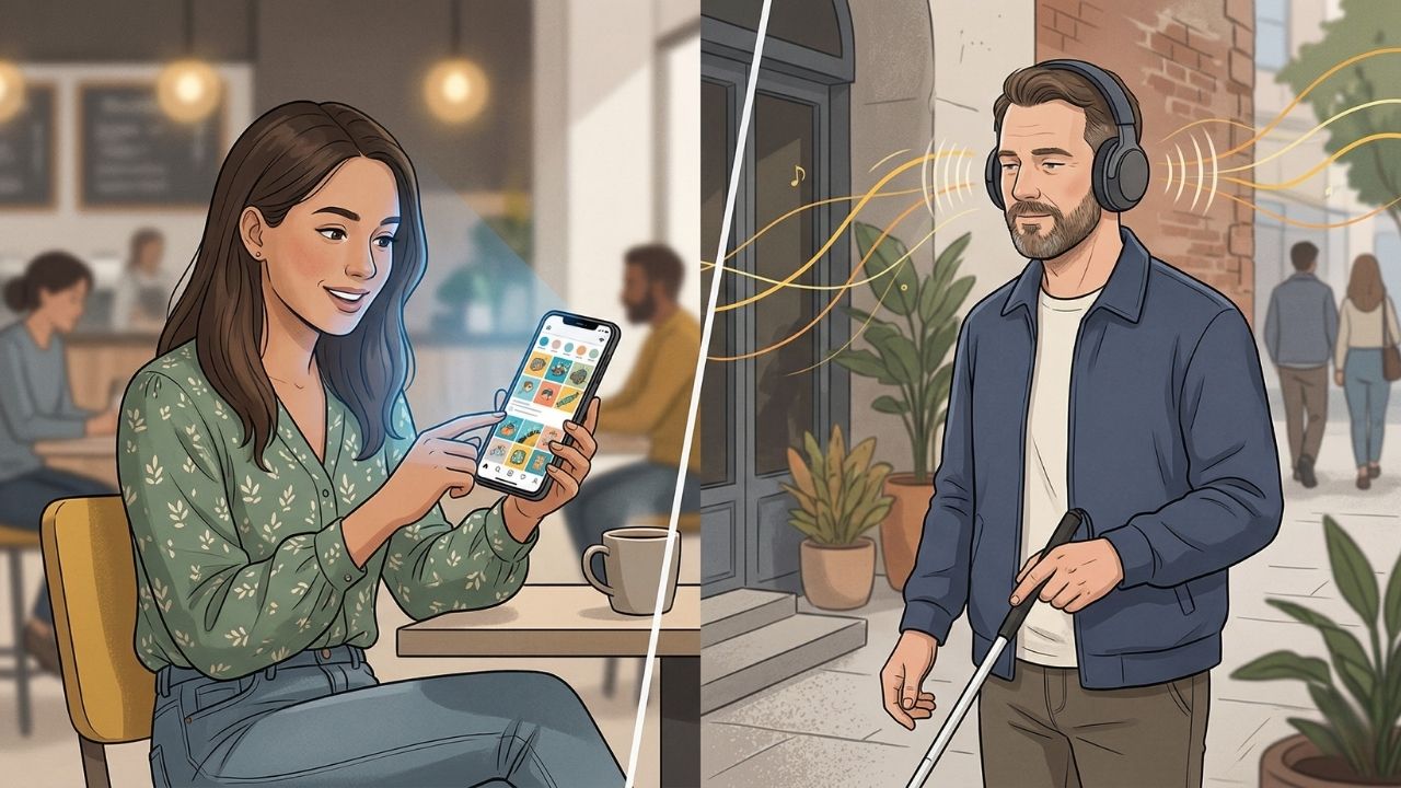Una ilustración dividida muestra el acceso a la tecnología. A la izquierda, personas en una cafetería usando celulares y tablets. A la derecha, personas con discapacidad visual y auditiva utilizan tecnologías adaptativas y auriculares.