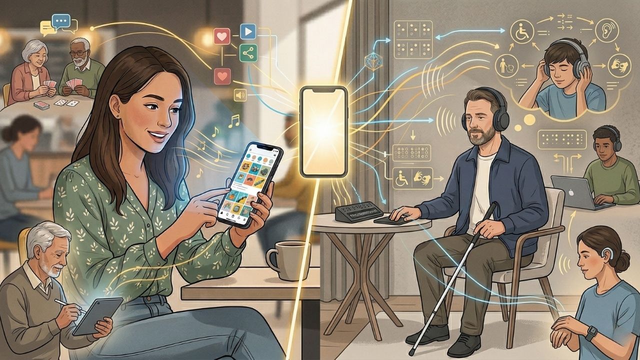 Una ilustración de pantalla dividida que muestra diferentes usos de la tecnología. A la izquierda, una mujer interactúa felizmente con su celular en una cafetería. A la derecha, un hombre ciego usa auriculares en la calle mientras camina con un bastón