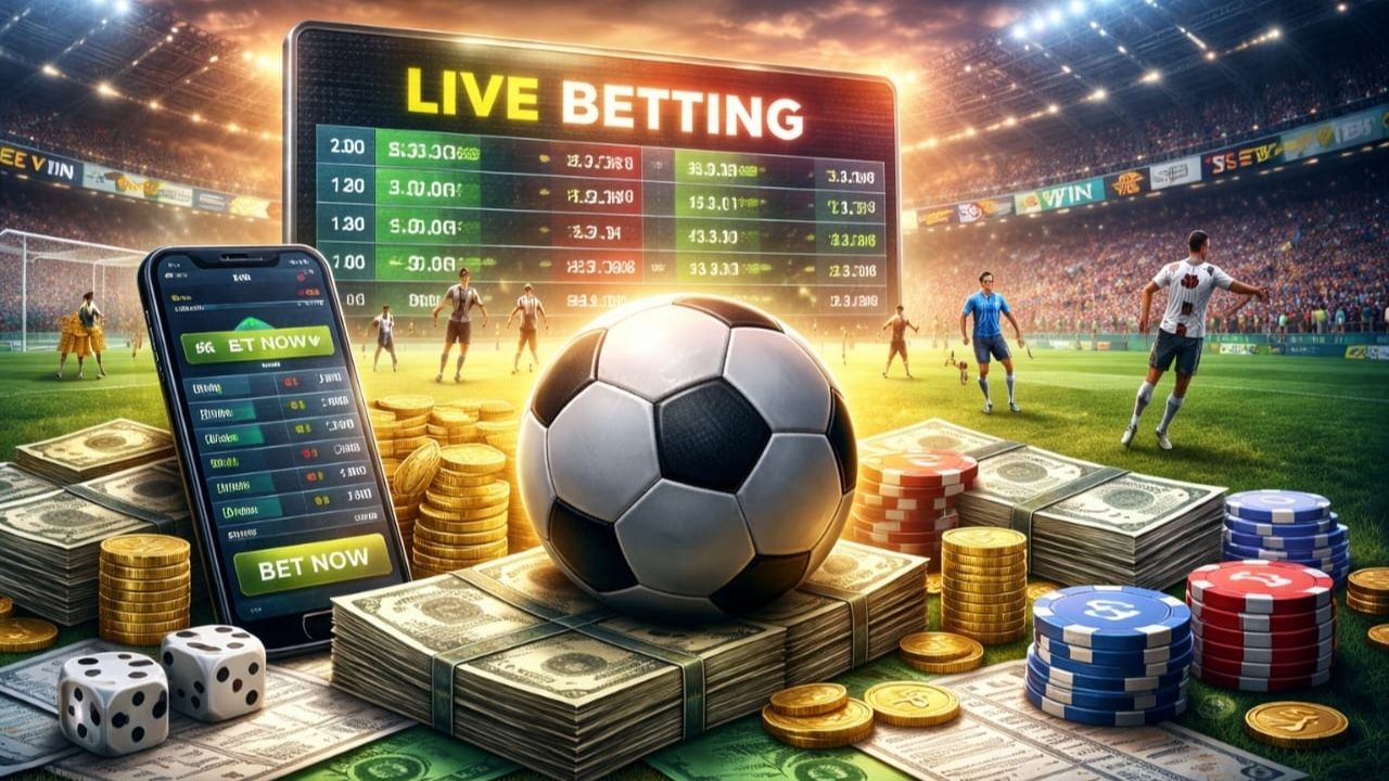 Una composición digital vibrante sobre apuestas deportivas: un balón de fútbol sobre fajos de billetes, monedas y fichas de casino en un estadio iluminado. Incluye un smartphone y una pantalla gigante con el texto "LIVE BETTING" y cuotas de juego.