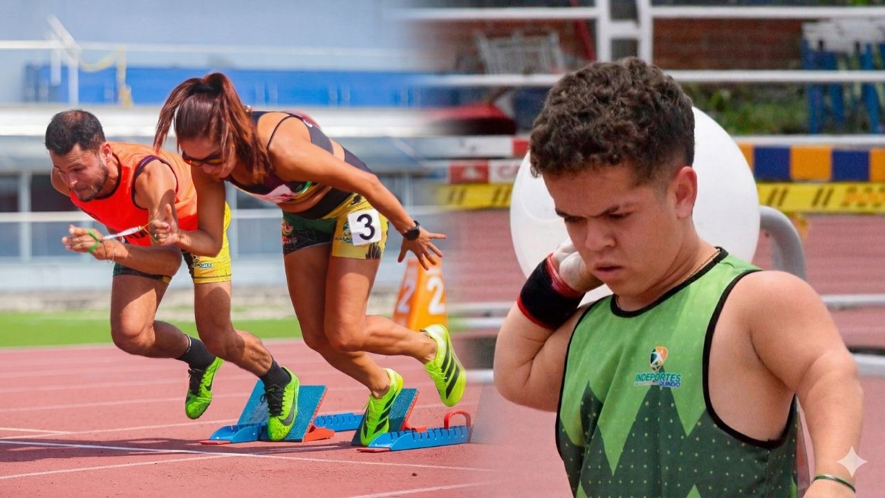 Collage que muestra, a la izquierda, a dos corredores, un hombre y una mujer con baja visión, saliendo de los tacos de salida en una pista de atletismo. A la derecha, un primer plano de un lanzador de bala de baja estatura del Quindío.