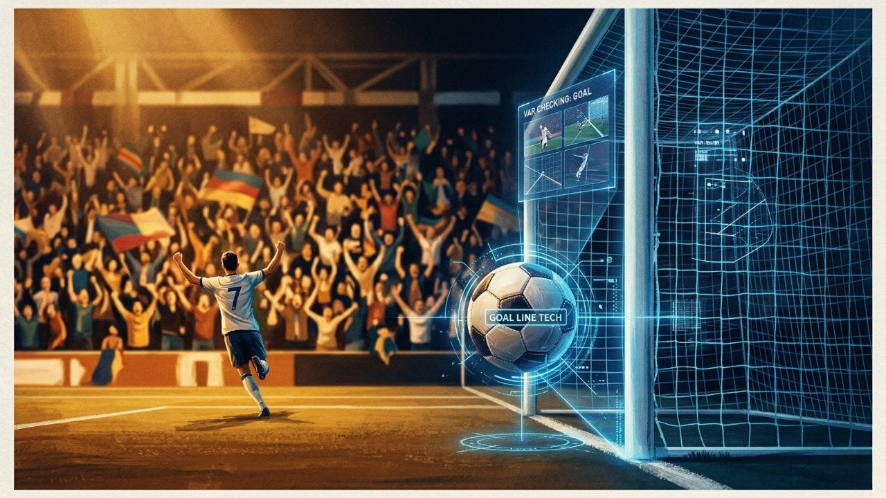 Ilustración editorial de un balón cruzando la línea de gol en un estadio nocturno. Contraste visual entre el público celebrando en tonos cálidos y una rejilla digital con hologramas de VAR en azul frío sobre la portería. Estilo elegante.