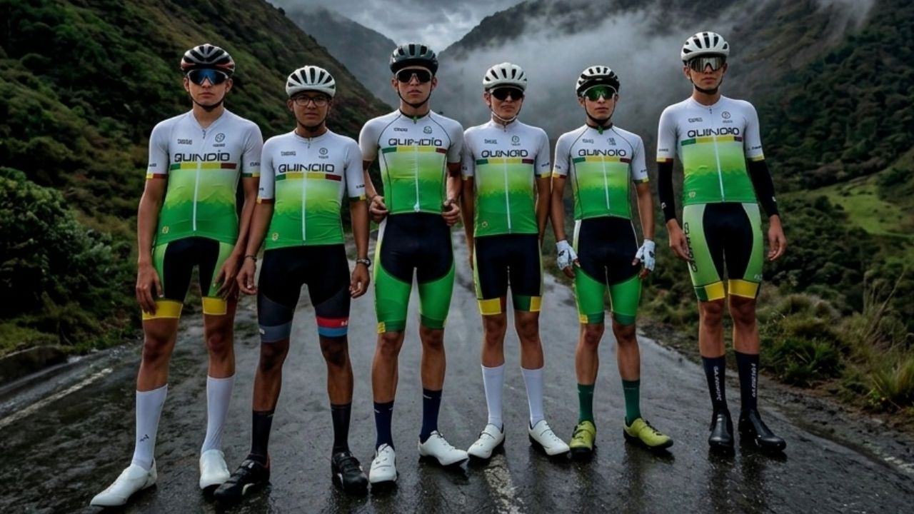 Seis ciclistas del equipo Quindío posan alineados en una carretera de montaña húmeda y neblinosa. Visten uniformes blancos y verdes con cascos y gafas, proyectando una imagen de disciplina bajo un cielo nublado.